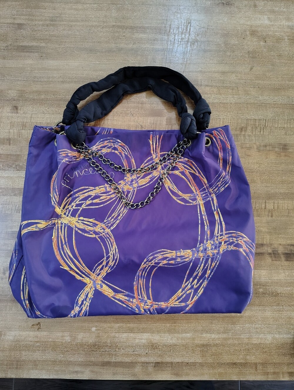 VERA WANG Princess Purple & Gold Patterned Large Tote Bag With Chain Detail